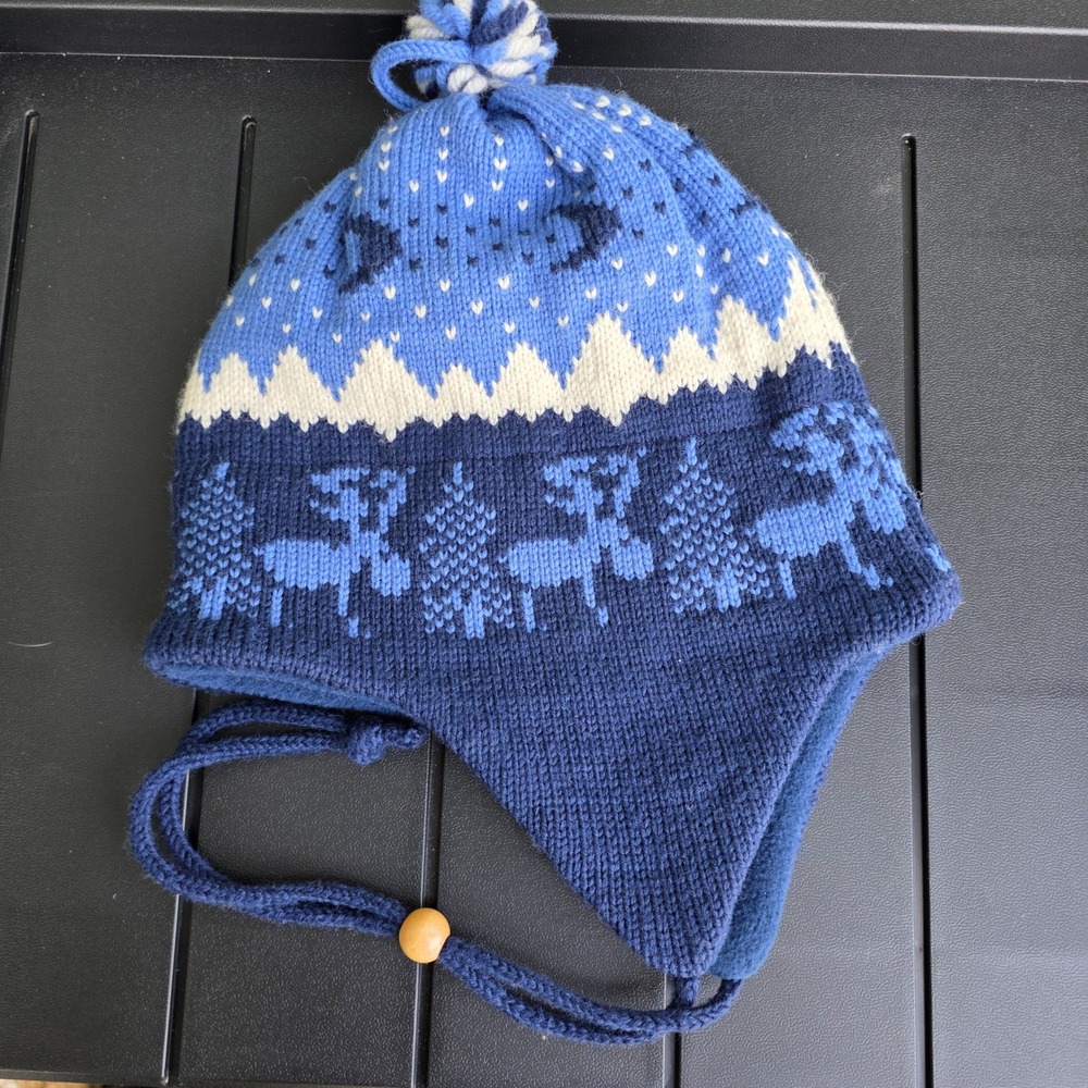 Wapiti Woolies Earflap Beanie Unisex Medium Blue Reindeer Virgin Wool Hat